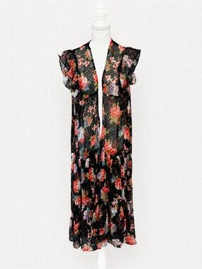 Betsey Johnson Black Floral Sheer Maxi Duster with Bright Accent Print